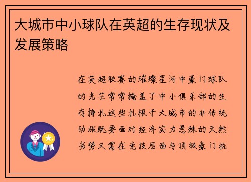 大城市中小球队在英超的生存现状及发展策略