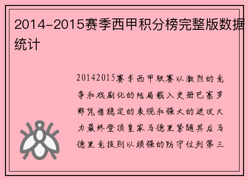2014-2015赛季西甲积分榜完整版数据统计